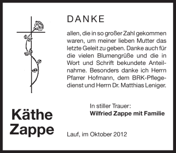 Traueranzeige von Käthe Zappe von Pegnitz-Zeitung